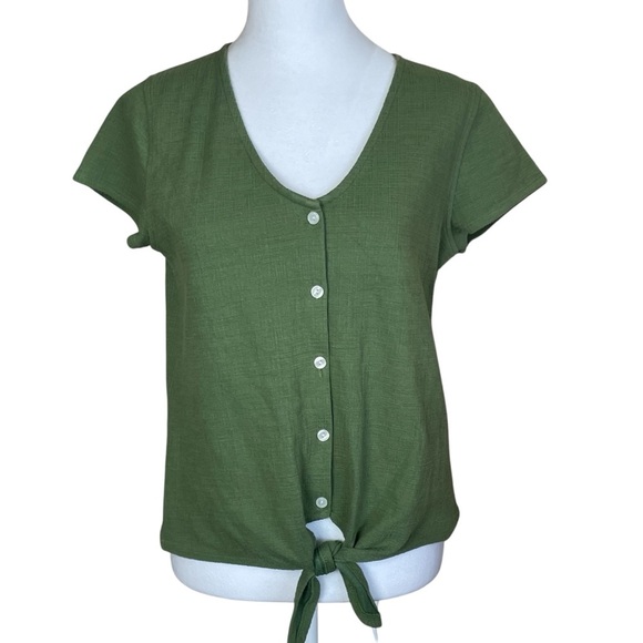 J Crew Textured Button Down Cropped Shirt Green Small Tie Bottom Front Casual - Picture 3 of 10